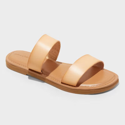 Women's Freya Two Band Slide Sandals - Universal Thread™ Tan 10: Slip On, Elastic Panel, Contoured Footbed, Cushioned Insole | Target