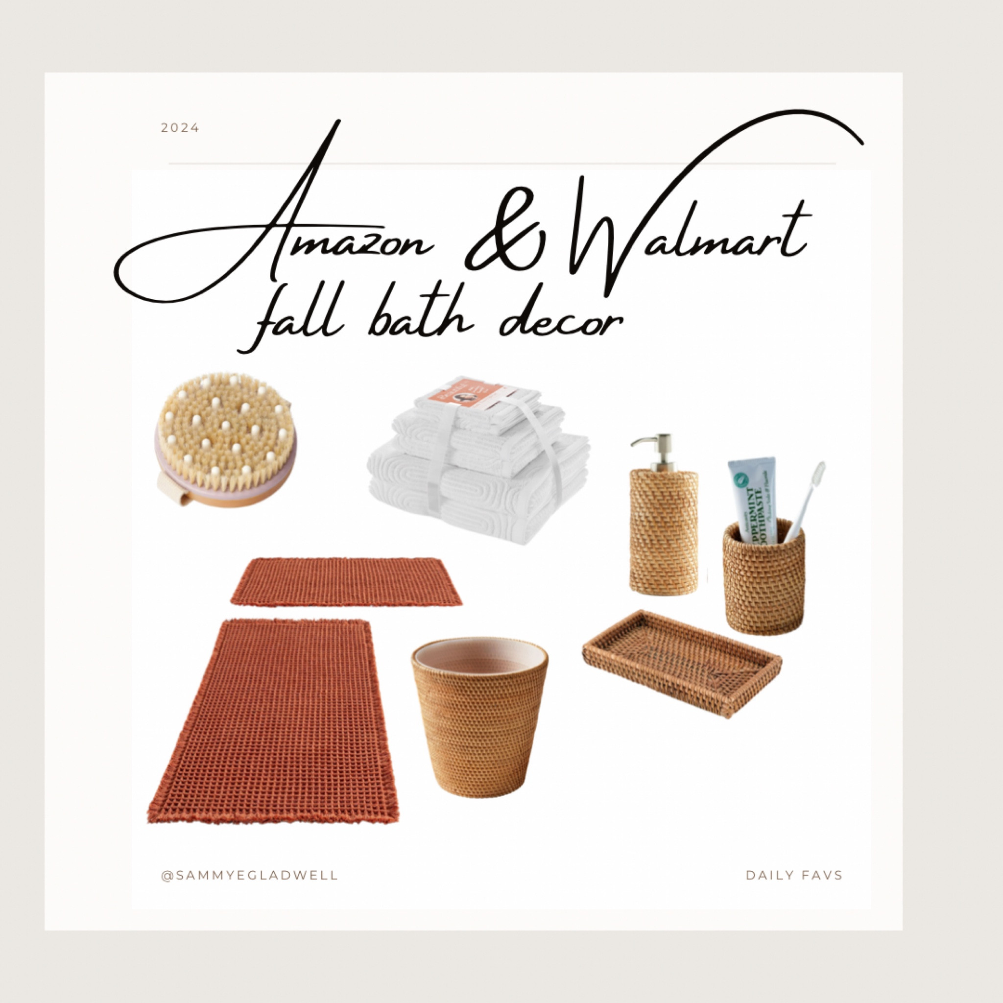 Amazon and Walmart fall bath decor! Waffle knit rug rattan tray rattan toothbrush holder rattan soap dispenser rattan trash can Beautiful bath towel set and body brush for drainage and cellulite. Love these neutrals for fall 

#LTKSeasonal #LTKHome #LTKBeauty