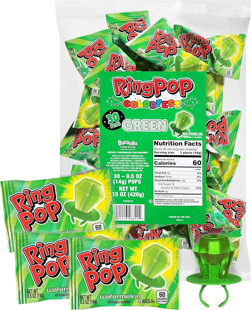 Ring Pop Individually Wrapped Green Watermelon 30 Count Bulk Lollipop Pack – Watermelon Flavore... | Amazon (US)