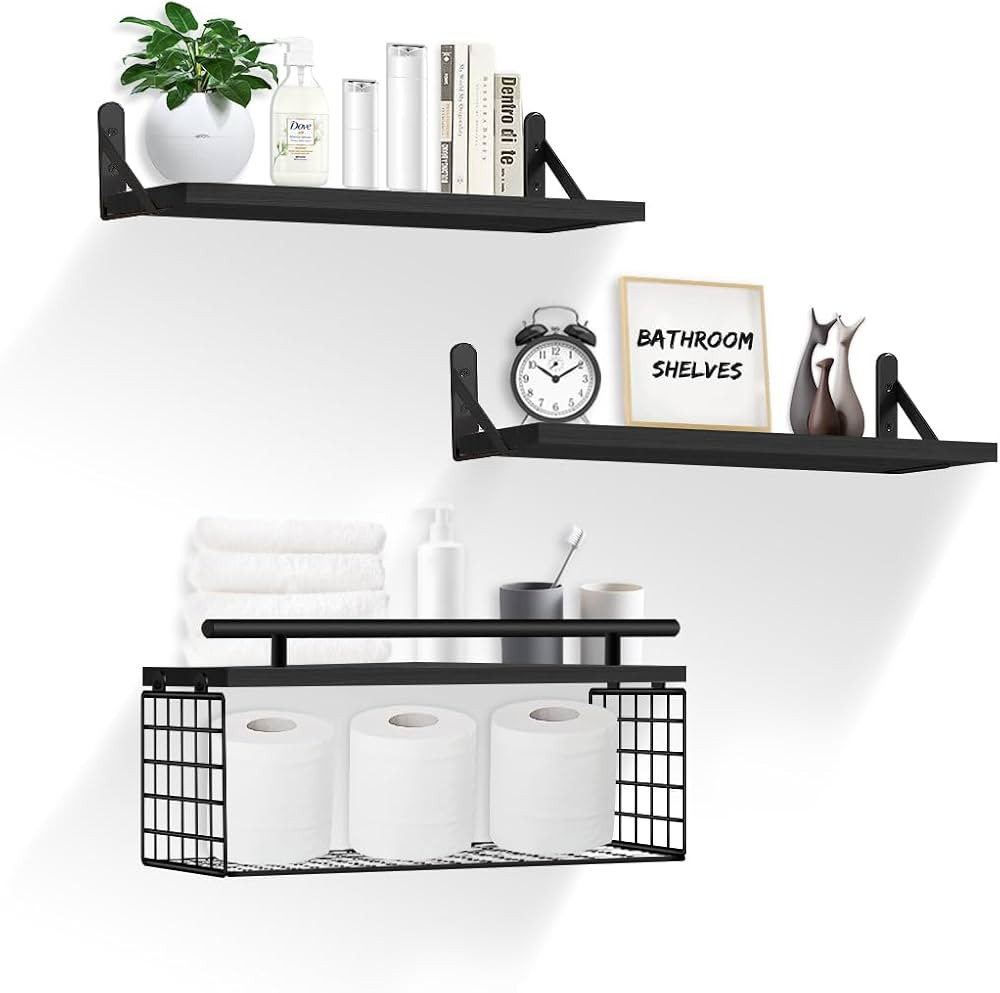 HenFit Floating Shelves with Wire Storage Basket, Wood Floating Bathroom Shelves Over Toilet with... | Amazon (US)