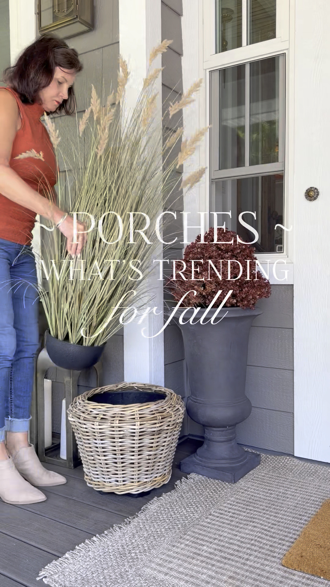 Faux grasses on a fall porch are a hit this year. This one is so realistic. If you haven’t decorated your porch for fall yet think muted and moody color; an intentional, collected look; warm, earthy tones with natural textures; and an uncluttered, layered layout. Use three or four main colors. 2026 trends are harvest gold, rich caramel, sage, muted rust and chocolate brown.

#LTKHome #LTKSeasonal #LTKvlog