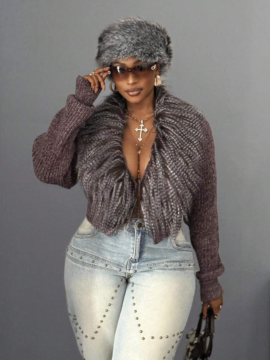 Maweii Baddie Girl Plus Size Cardigan Sweater,Luxurious Knitted Open Front Jacket,Vintage Style,Grey,Autumn,Smart Casual,Date Night,Fashionable Design | SHEIN