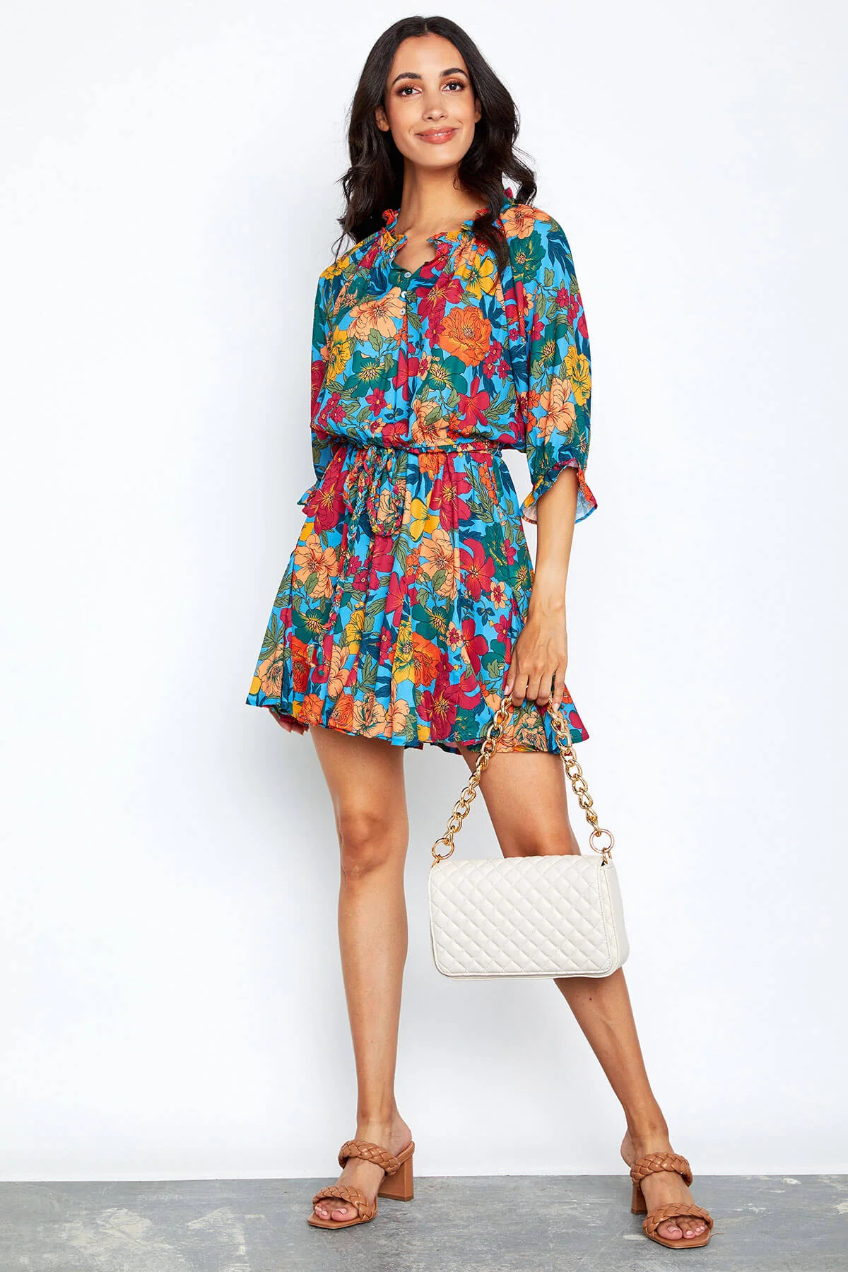 Voy Floral Print 3/4 Sleeve Mini Dress | Social Threads