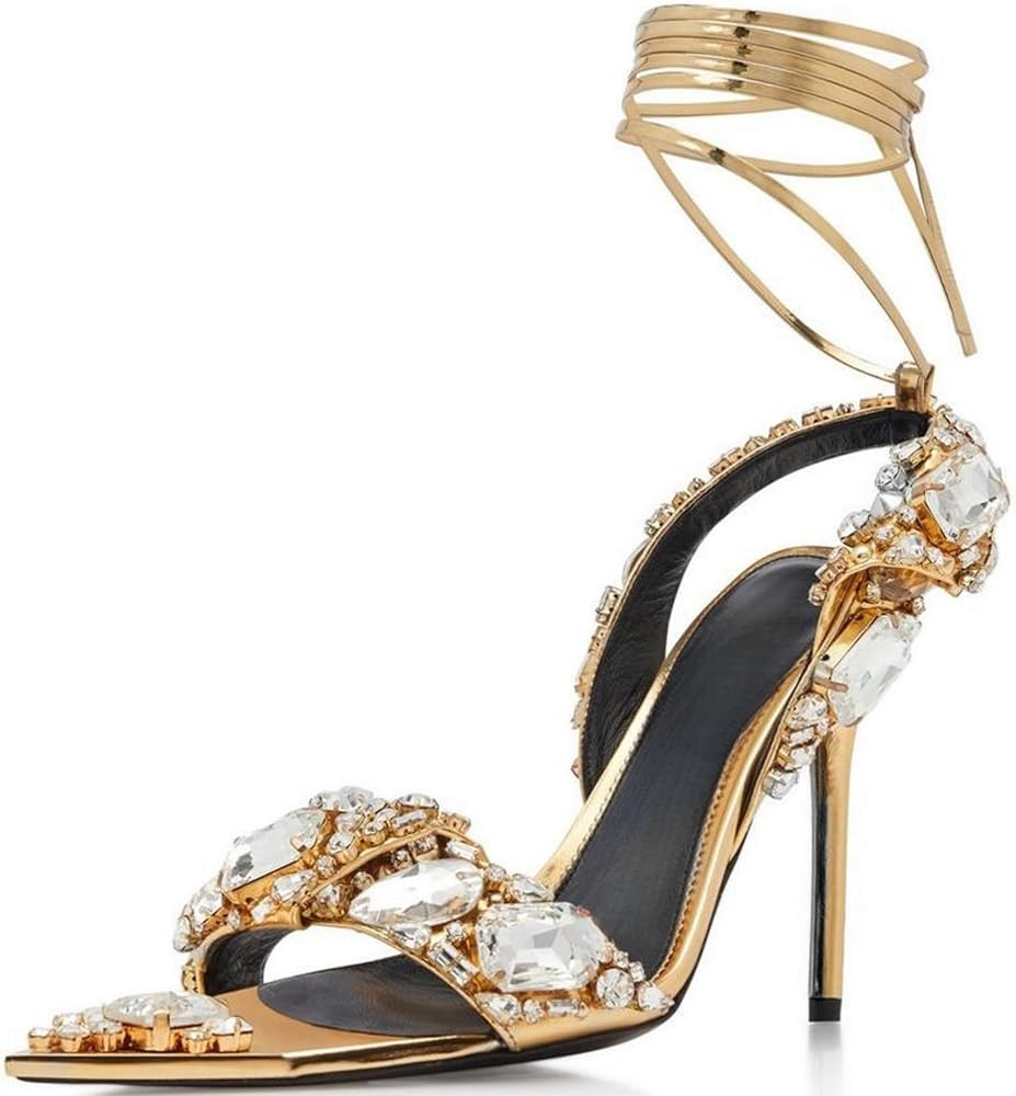 Glitter Square Big Diamond Stiletto Heeled Sandals for Women,Women's Sparkly Big Rhinestone Point... | Amazon (US)