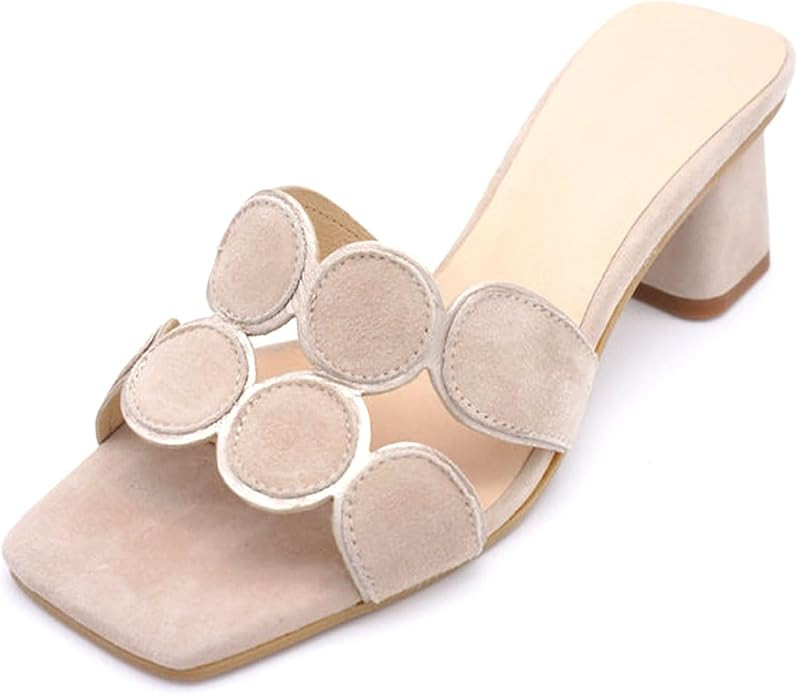 Women’s Suede Heeled Sandals Block Heel Mules Open Toe Square Toe Slip On Dressy Shoes with Cir... | Amazon (US)
