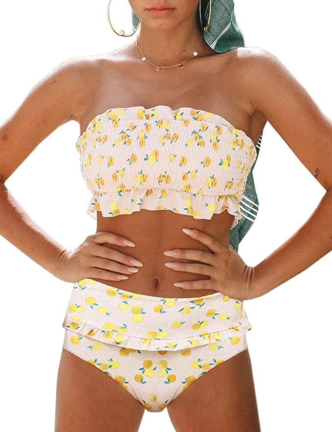 ZESICA Women's Summer Floral Printed High Waist Ruched Smocked Beach Bikini Sets Swimsuit Bathing... | Amazon (US)