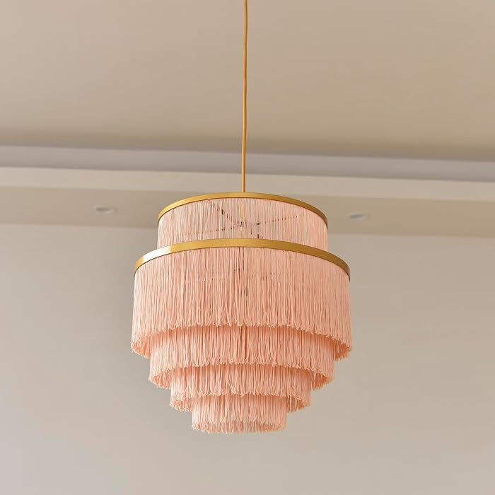5-Tiered Boho Chandelier Gold,3 Lights Pink Fringe Pendant Light Fixture,Tassel Chandelier for entryway,Dining Room,Baby Nursery,Bedroom | Amazon (US)