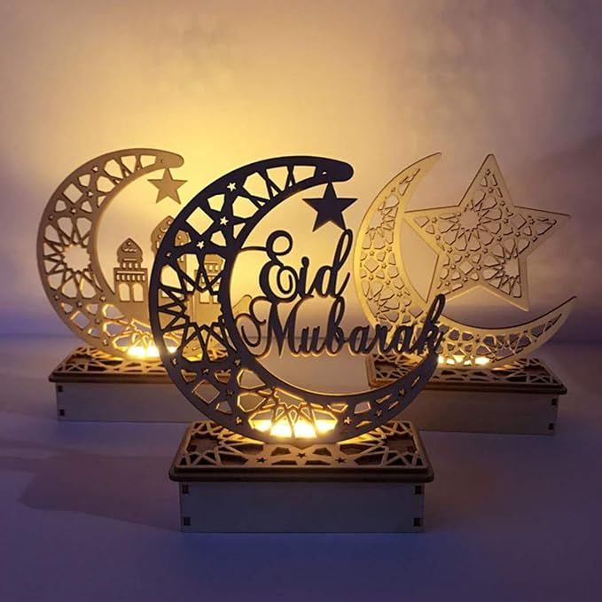 Uonlytech 3 Pcs Ramadan Mubarak Decorative Lights Eid Decorations Wooden Moon Star Lights Tableto... | Amazon (UK)