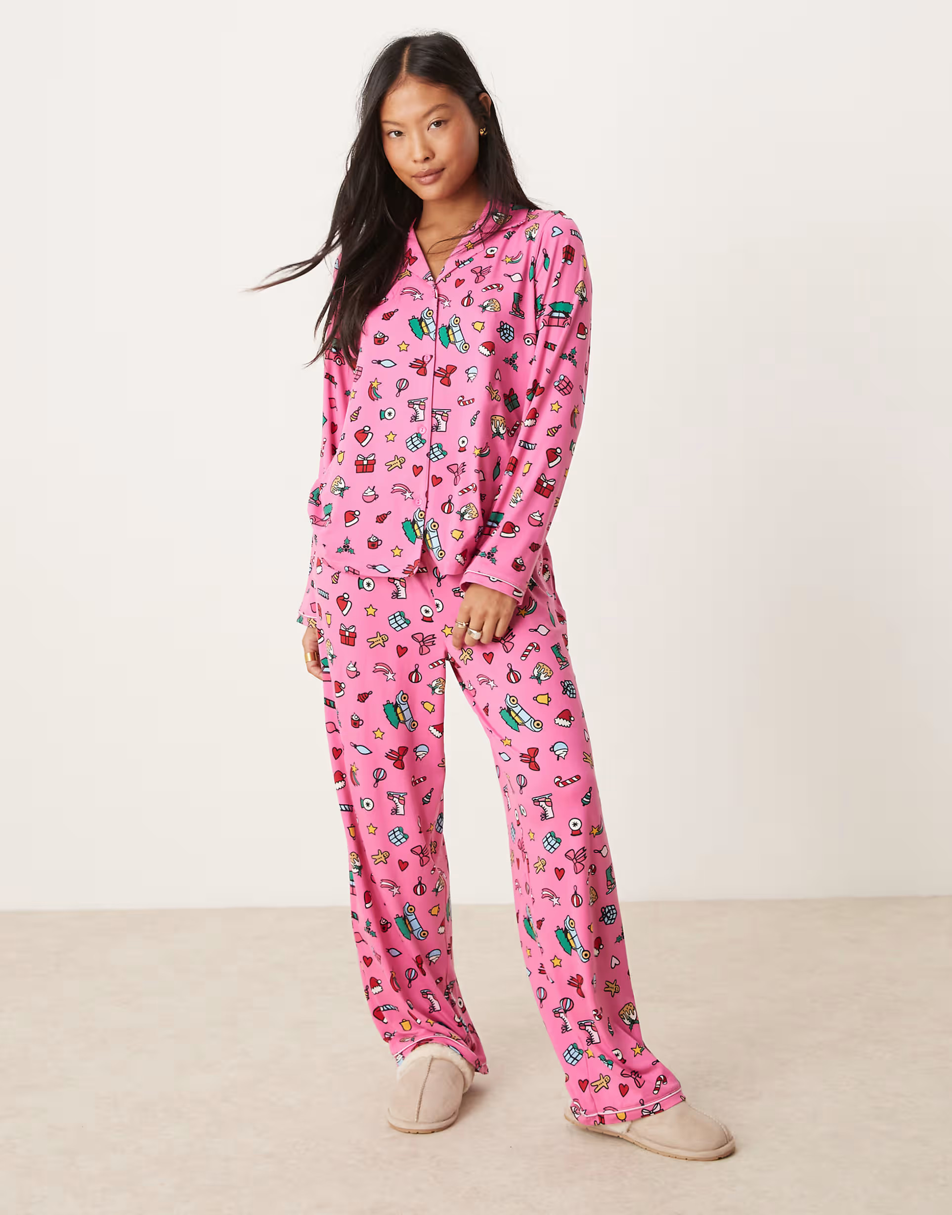 Urban Threads Petite Christmas poly long sleeve revere top and trouser pyjama set in festive prin... | ASOS (Global)