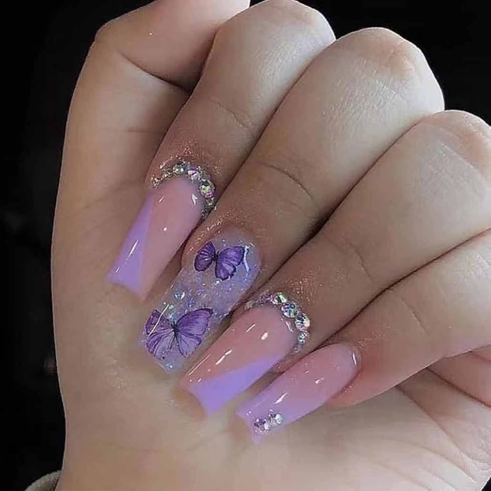 Purple Fake Nails Sequins Glitter Acrylic Butterfly Artificail Long Press on Rhinestone Nails, Pu... | Amazon (US)