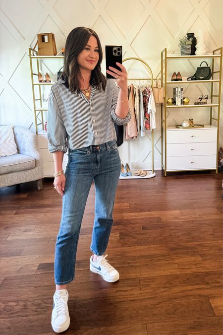 Weekend casual look/ off to soccer and kids birthday parties. Opted for this cropped button down from French connection, AYR fav jeans and Nike sneakers 

#LTKSeasonal #LTKover40 #LTKstyletip
