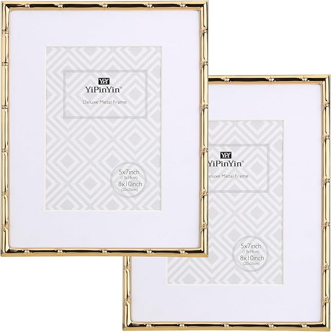 8x10'' Bamboo Detail Gold Metal Picture Frame with Acid Free Mat for 5x7'' Set of 2, Narrow Gold ... | Amazon (US)
