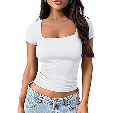 Trendy Queen Tshirts Shirts for Women Double Lined Going Out Crop Tops 2025 Spring Summer Workout... | Amazon (US)