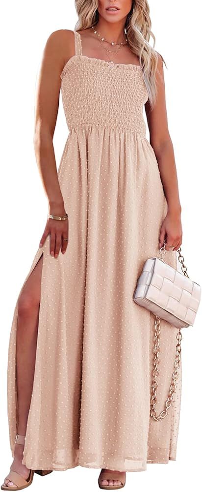 Women's Casual Summer Dress Boho Maxi Dresses Vintage Dot Spaghetti Straps Square Neck Midi Solid... | Amazon (US)