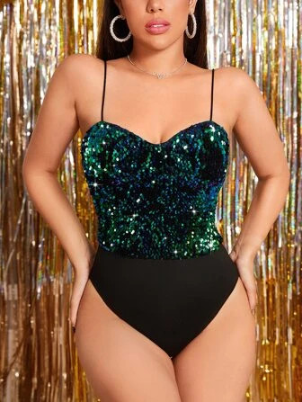 SHEIN BAE Contrast Sequin Cami Bodysuit | SHEIN
