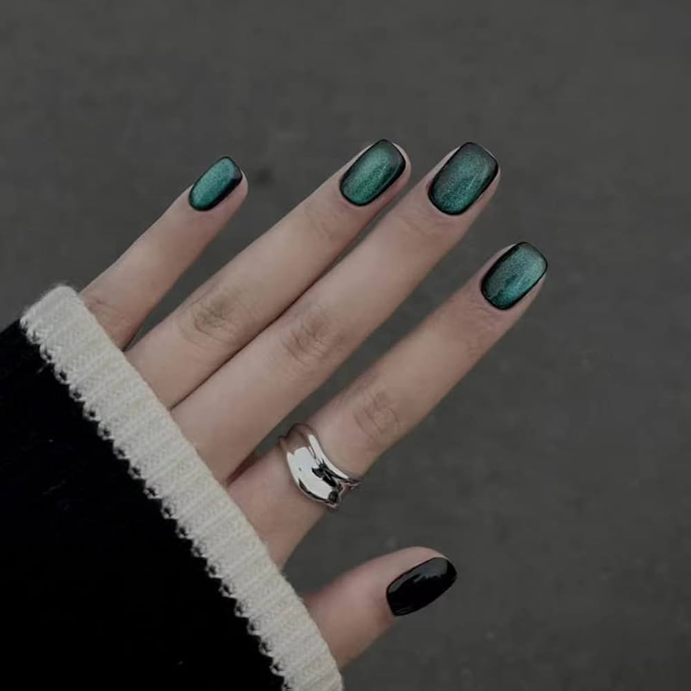 Fantasticlady Cat Eye Press On Nails Short,Magnetic,Christmas,Include 8pcs Black & Dark Greens,Ca... | Amazon (US)
