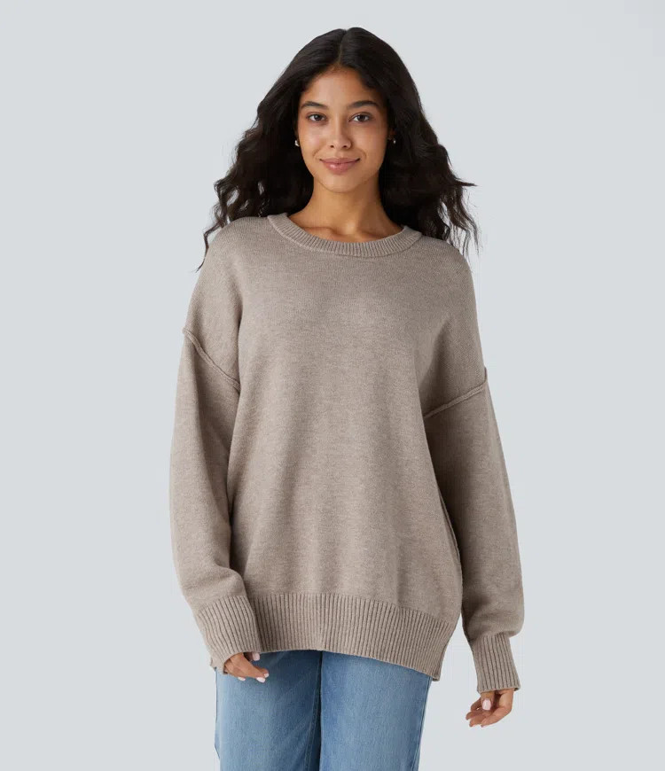 Round Neck Dropped Shoulder Long Sleeve Casual Sweater | HALARA
