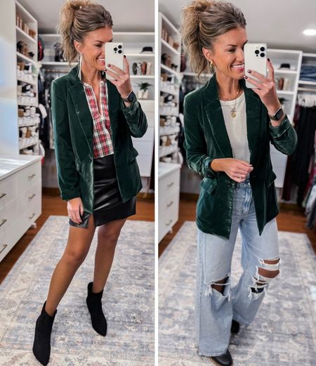 Last week’s best seller ~ ON velvet blazer, now 40% off. 
Blazer/small
Plaid top/ small
Skirt/medium
Tee/medium
Jeans 8 regular 

#LTKHoliday #LTKSeasonal #LTKstyletip