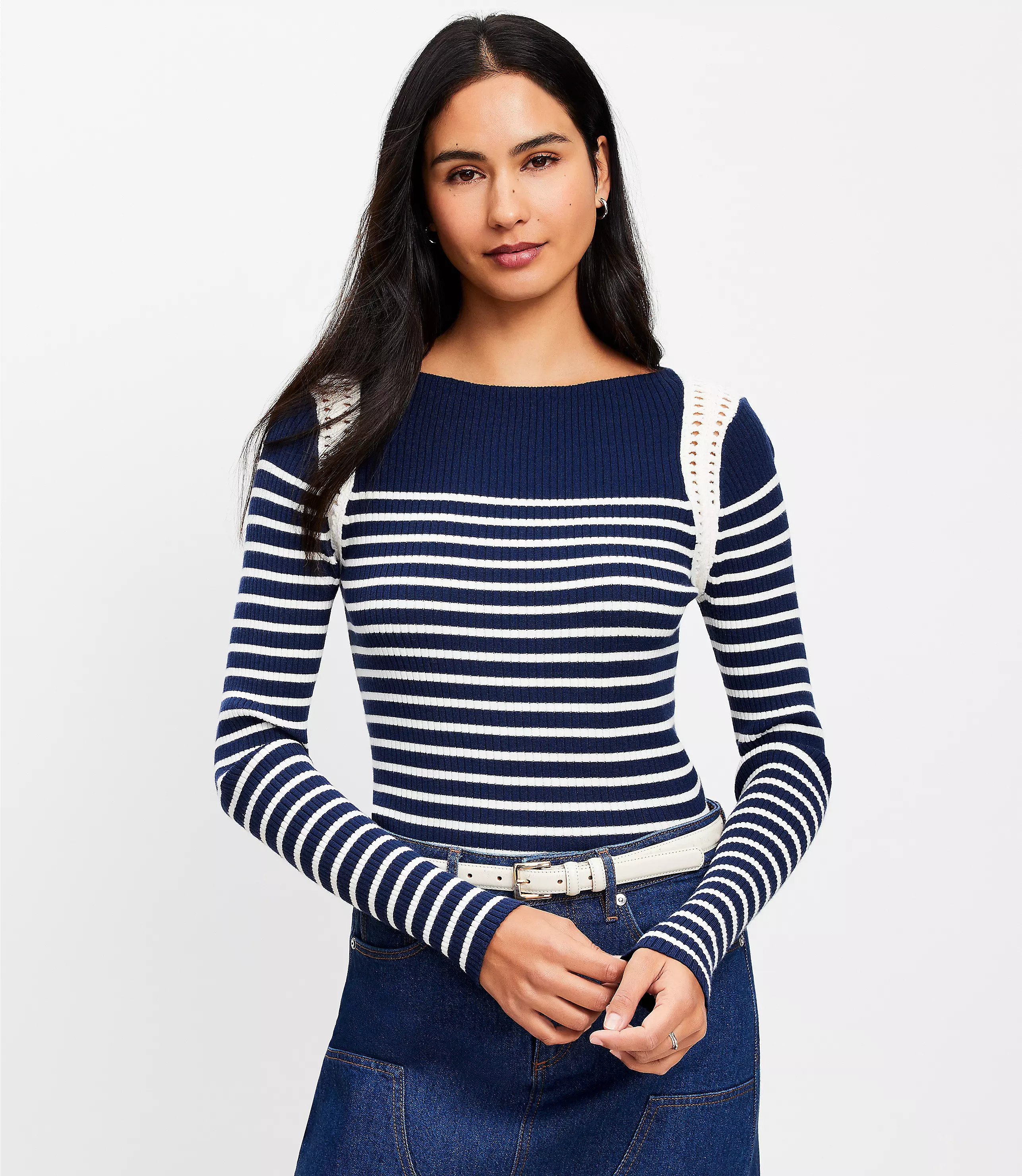 Striped Crochet Shoulder Sweater | LOFT
