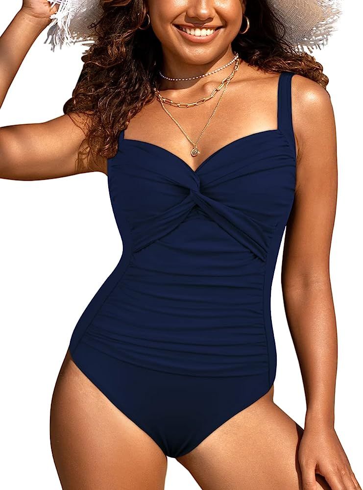 Hilor Women's One Piece Swimsuits Front Twist Bathing Suits Tummy Control Swimwear Retro Inspired... | Amazon (US)