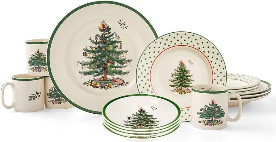 Spode Christmas Tree 16-Piece Dinnerware Set, Polka Dot - Elegant Ceramic Dinnerware, Ideal Table... | Amazon (US)