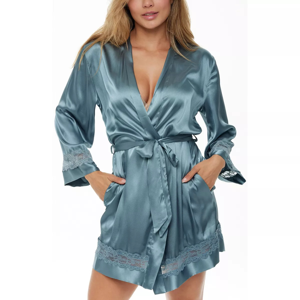 Womens Short Satin Lace Trim Robe, Silk like Loungewear | Target