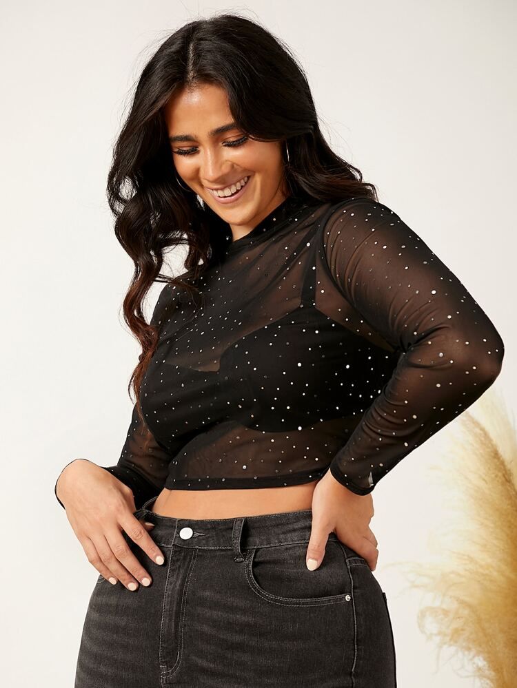 SHEIN Plus Mock Neck Rhinestone Mesh Crop Top Without Bra | SHEIN