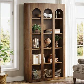Jannelly 71 in. Tall Rustic Brown Engineered Wood 5-Shelf Bookcase, Farmhouse Vintage Arched Bookshelf for Home Office | The Home Depot