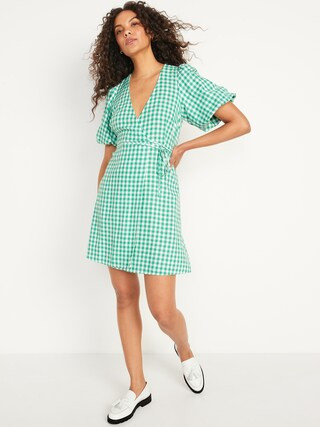 Puff-Sleeve Waist-Defined Gingham Mini Wrap Dress | Old Navy (US)