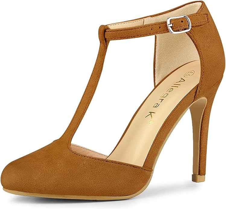 Allegra K Women's Rounded Toe Stiletto Heel T-Strap Dress Pumps | Amazon (UK)