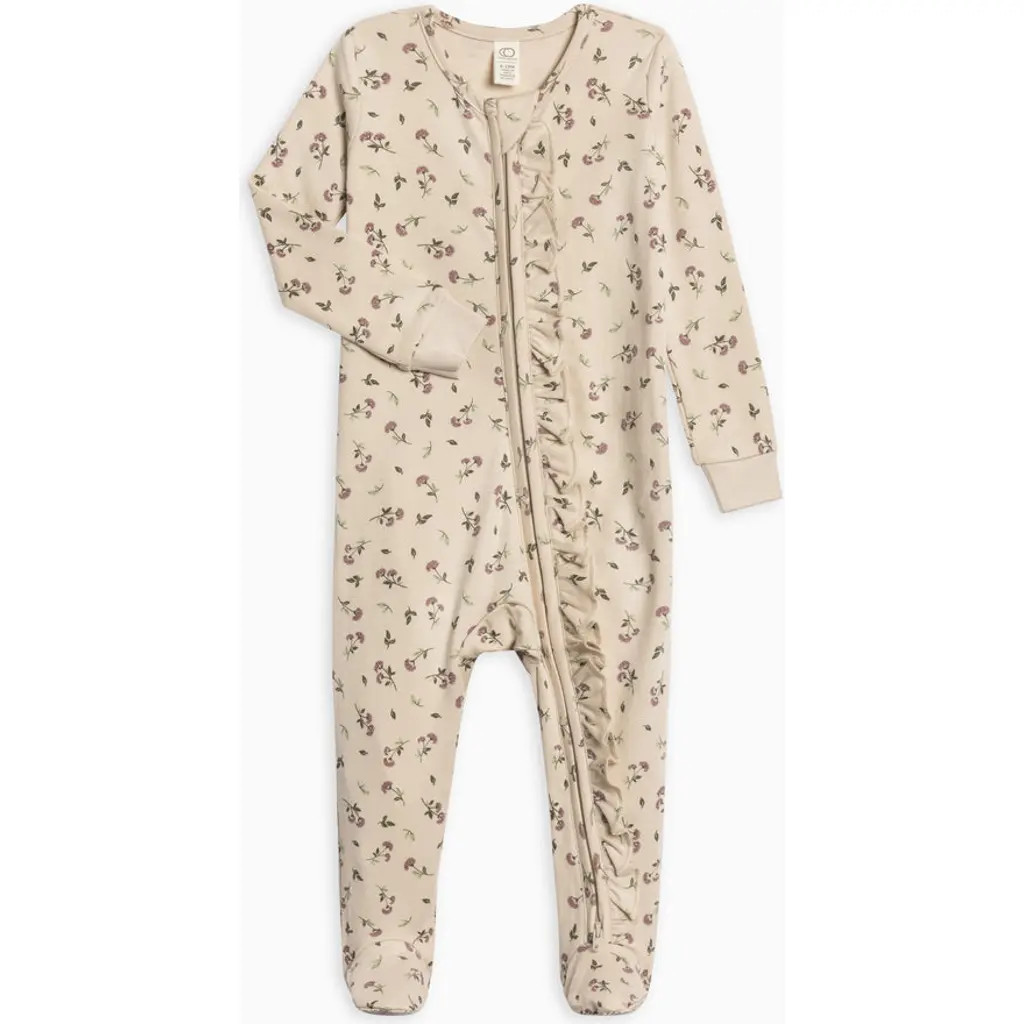 Colored Organics Organic Cotton Neve Ruffle Zipper Footie in Betty Floral /Purple + Olive at Nordstrom, Size 18-24M | Nordstrom