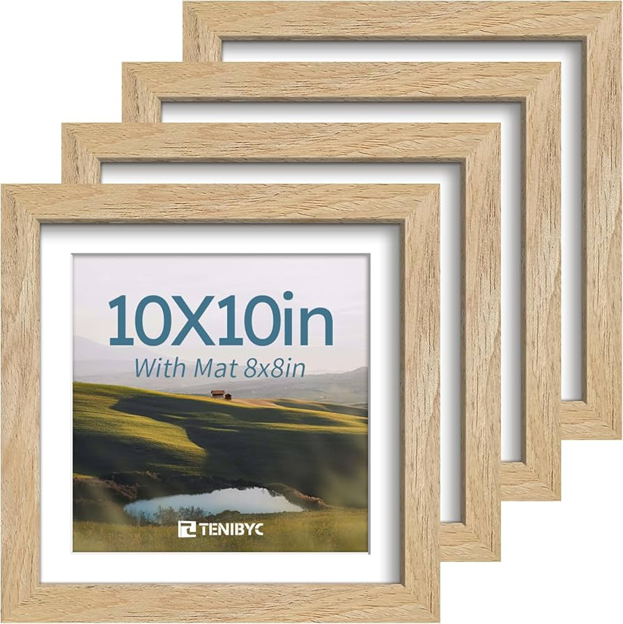10x10 Picture Frame Set - 4 Pack, Natural Solid Wood Photo Frames - Tempered Glass - Displays Pho... | Amazon (US)