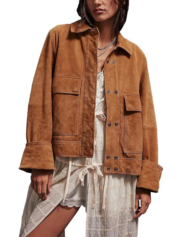 Lumister Faux Suede Jacket Women Casual Oversized Button Down Leather Bomber Jacket with Pocket T... | Amazon (US)
