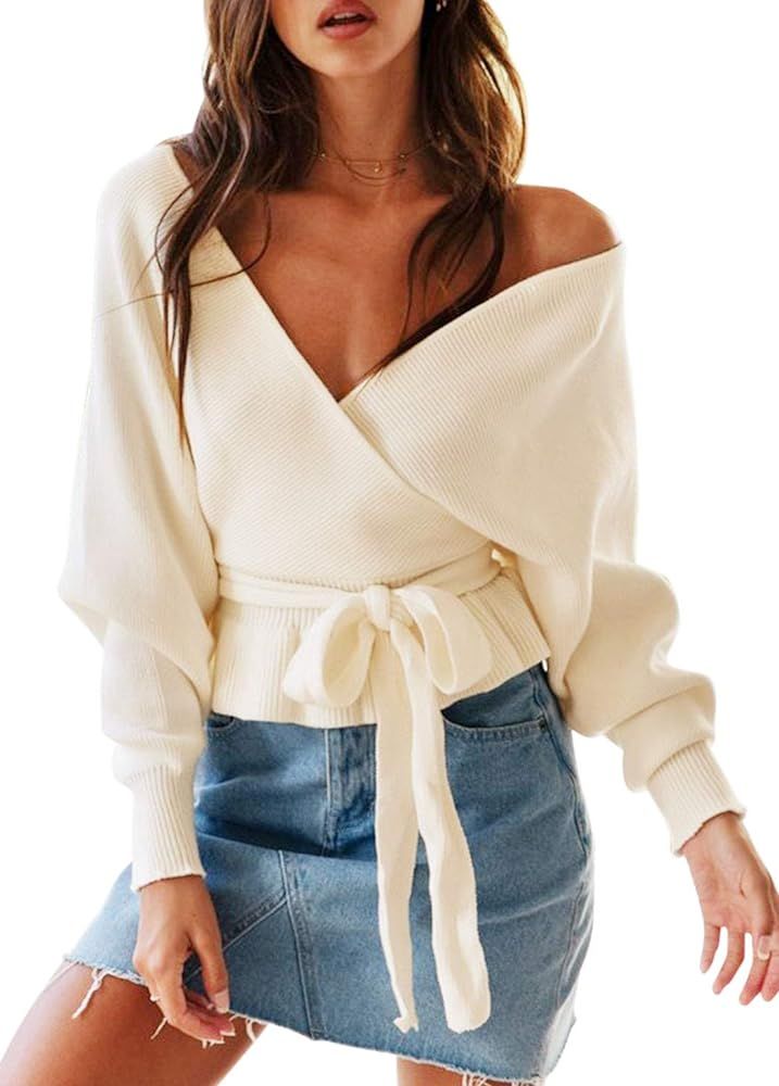 Women's Wrap V Neck Long Batwing Sleeve Belted Waist Ruffle Knitted Sweater Pullover Top | Amazon (US)