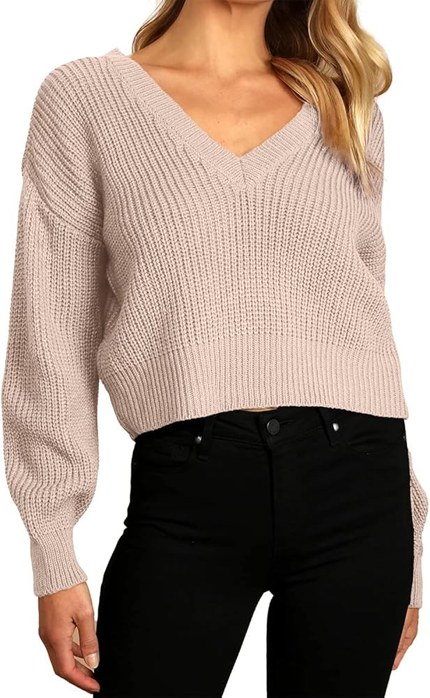 Jumppmile Women Crop Sweater V Neck Long Sleeve Knit Cropped Pullover Sweater | Amazon (US)