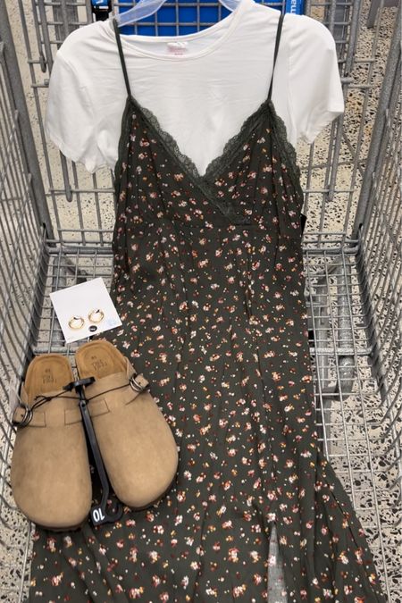 Walmart midi slip dress and tshirt combo with clogs, ‘90s all the way! I got my usual size medium juniors 7/9 in the dress. I am between sizes in the shoes and went up but they are kind of wide even when I tighten the buckles so we shall see! 

#LTKunder100 #LTKstyletip #LTKunder50
