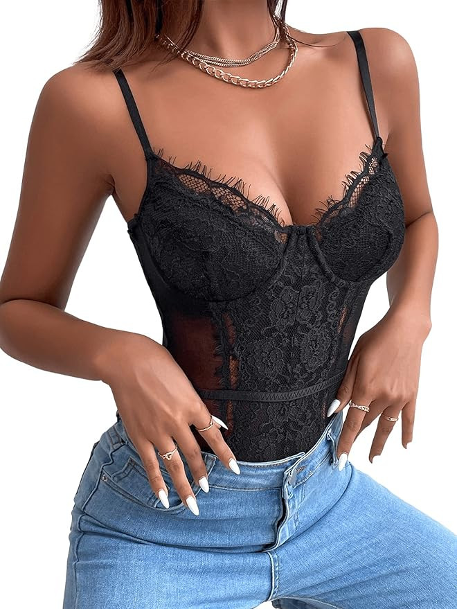 SweatyRocks Women's Spaghetti Strap V-Neck Velvet Contrast Lace Cami Bodysuit | Amazon (US)