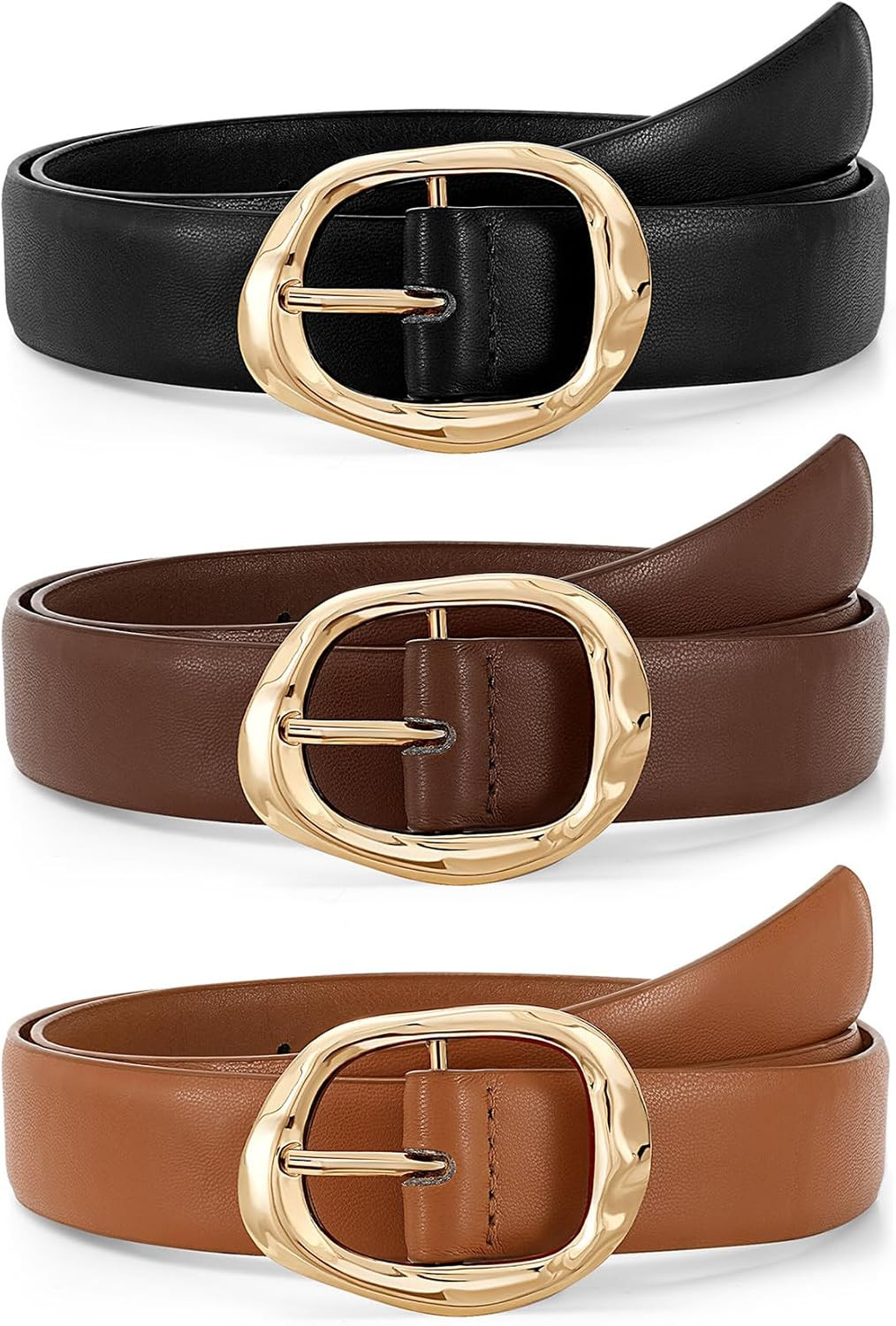 JASGOOD 3 Pack Women Belts for Jeans Pants Ladies Leather Waist Belt Casual Fashion Trend Belt for Women with Gold Buckle | Amazon (US)