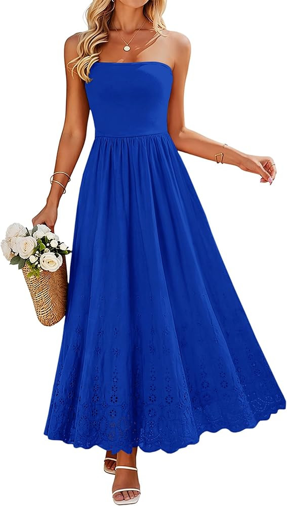 Lazysmile Summer Boho Maxi Dress for Women Strapless Tube Top Lace Trim A Line Beach Casual Long ... | Amazon (US)