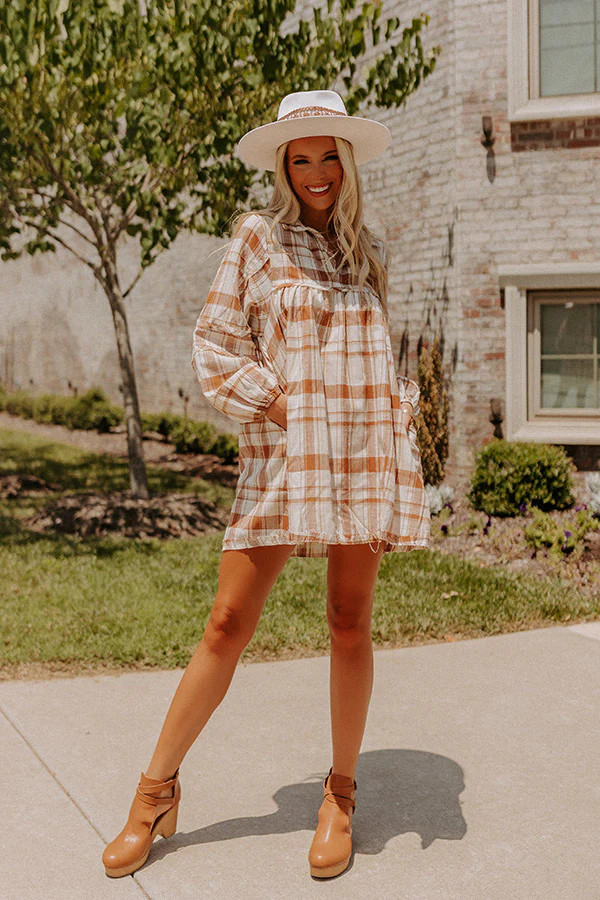 Soho Sweetness Plaid Babydoll Dress in Camel | Impressions Online Boutique