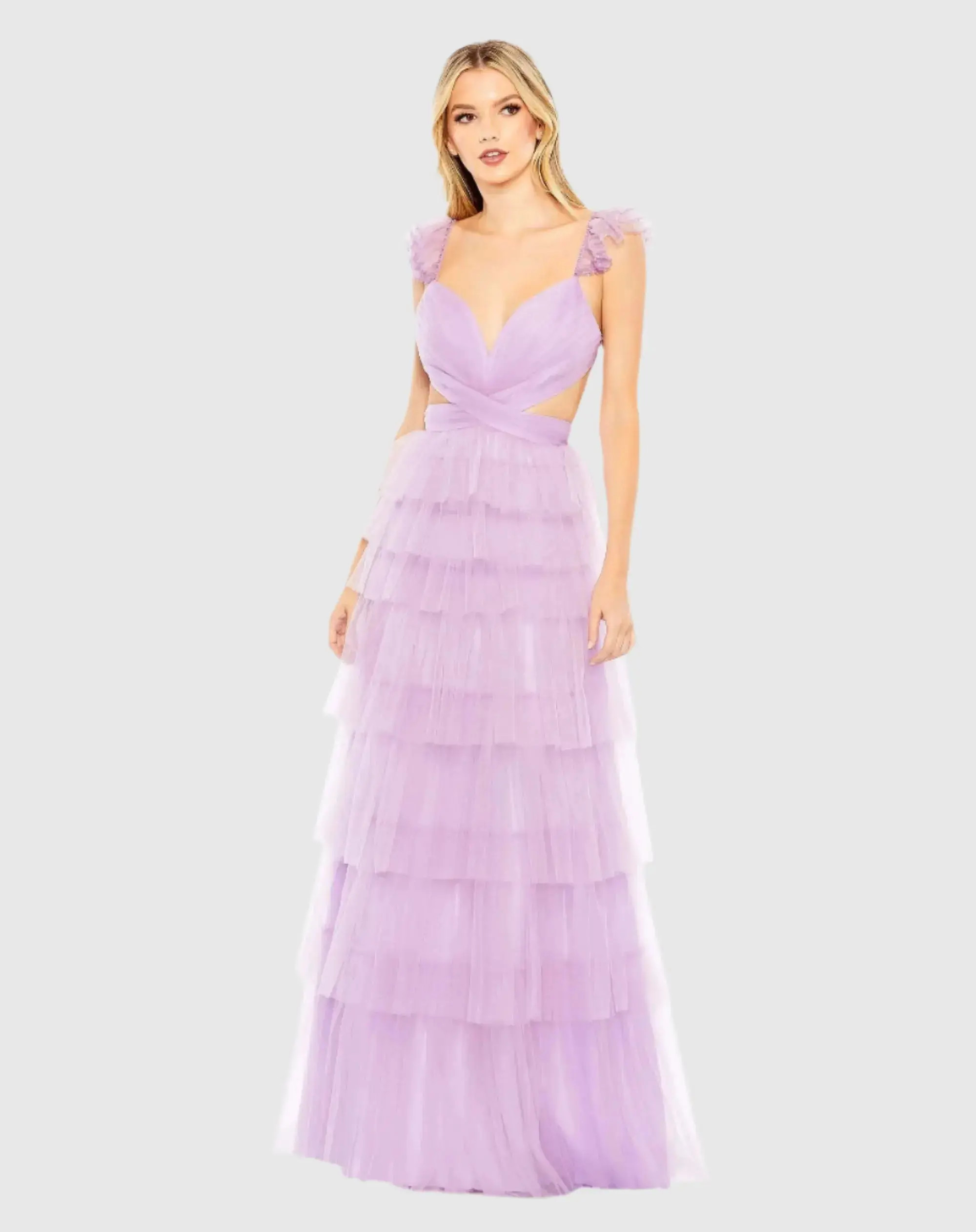 Mac Duggal - Purple Ruffle Tiered Tulle Cut Out Gown - US 14 | Mac Duggal