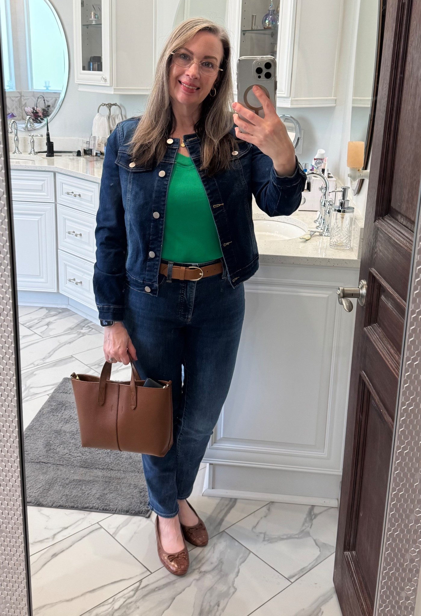 Headed out to appointments with my son. I’m combining my festive green with fall brown and classic denim blue. 
Every piece of clothing has a bit of stretch, structure, and softness 😊
My handbag and belt get a lot of use.
The shoes, I’m not a fan 😬 they are stiff and hard to break in. I’d suggest trying the brown flats I have listed in similar products. If you like the stiffer, structured feel, these are your best bet, but be prepared. Maybe wear socks or tights with them. 
#christmasgreen #fallbrown #denimjacket


#LTKootd #LTKmomlife #LTKdayinmylife
