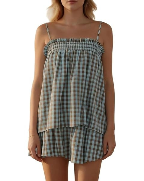 Lordree Women Striped Pajama Set Ruffle Hem Spaghetti Strap Cami Top Wide Leg Shorts Set Y2k 2 Pi... | Amazon (US)