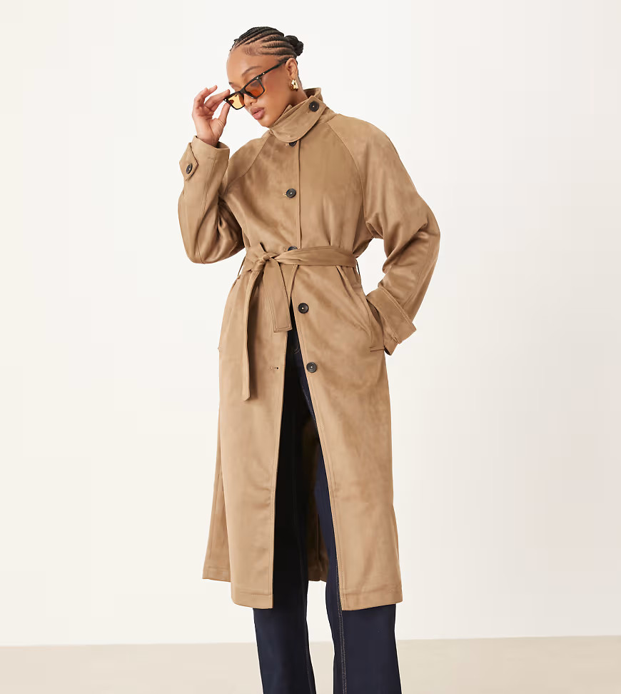 ASOS DESIGN Tall faux suede funnel neck trench coat in stone-No colour | ASOS (Global)