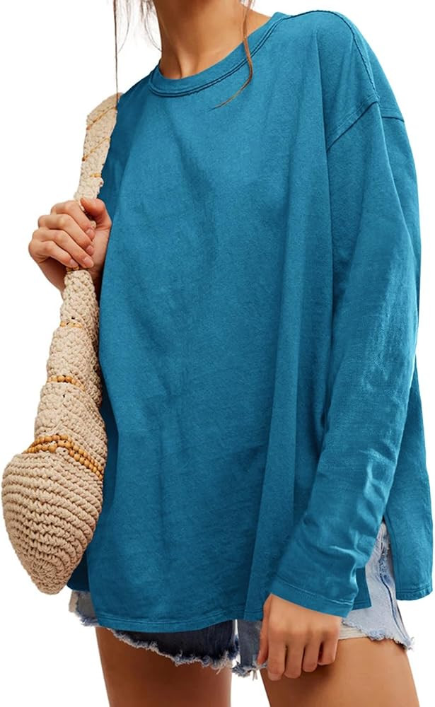 Womens Oversized Long Sleeve Shirts Crew Neck Casual Tops Loose Fit Side Slit Fall Tees | Amazon (US)