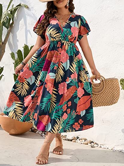 Floerns Women's Plus Size Boho Floral V Neck Short Sleeve A Line Long Dress | Amazon (US)