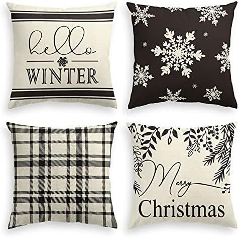 AVOIN colorlife Merry Christmas Hello Winter Buffalo Plaid Snowflake Throw Pillow Cover, 18 x 18 ... | Amazon (US)