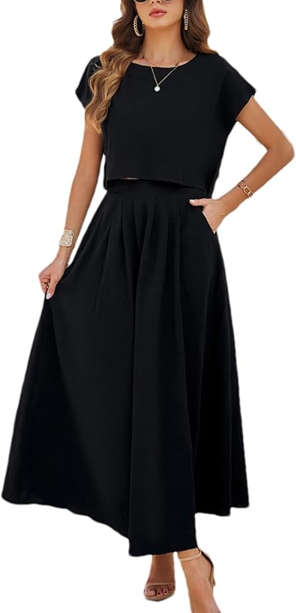 HangNiFang 2025 Summer Skirt Sets Women 2 Piece Outfits Cap Sleeve Top Elastic Waist Maxi Dress S... | Amazon (US)