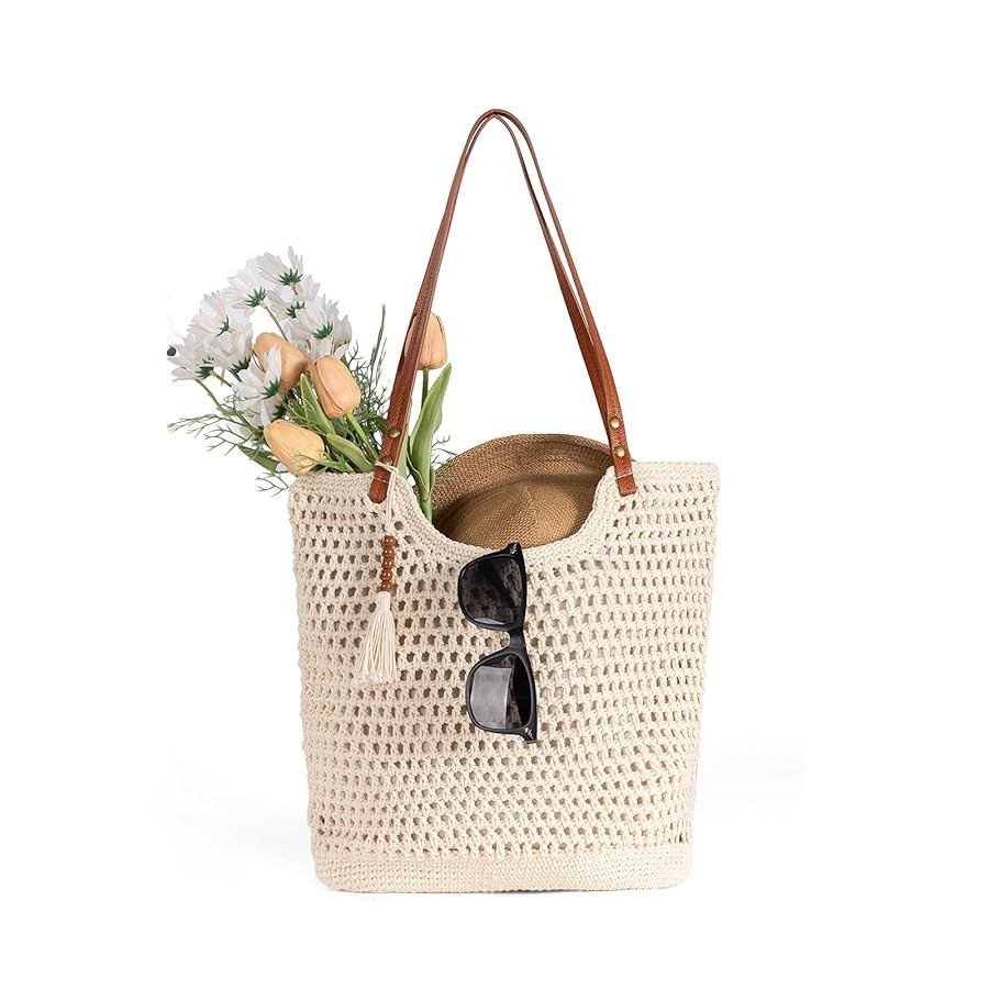 Straw Beach Bag for Women - Handmade Raffia Woven Tote Handbag, Summer Mesh Beach Purse for Vacat... | Amazon (US)