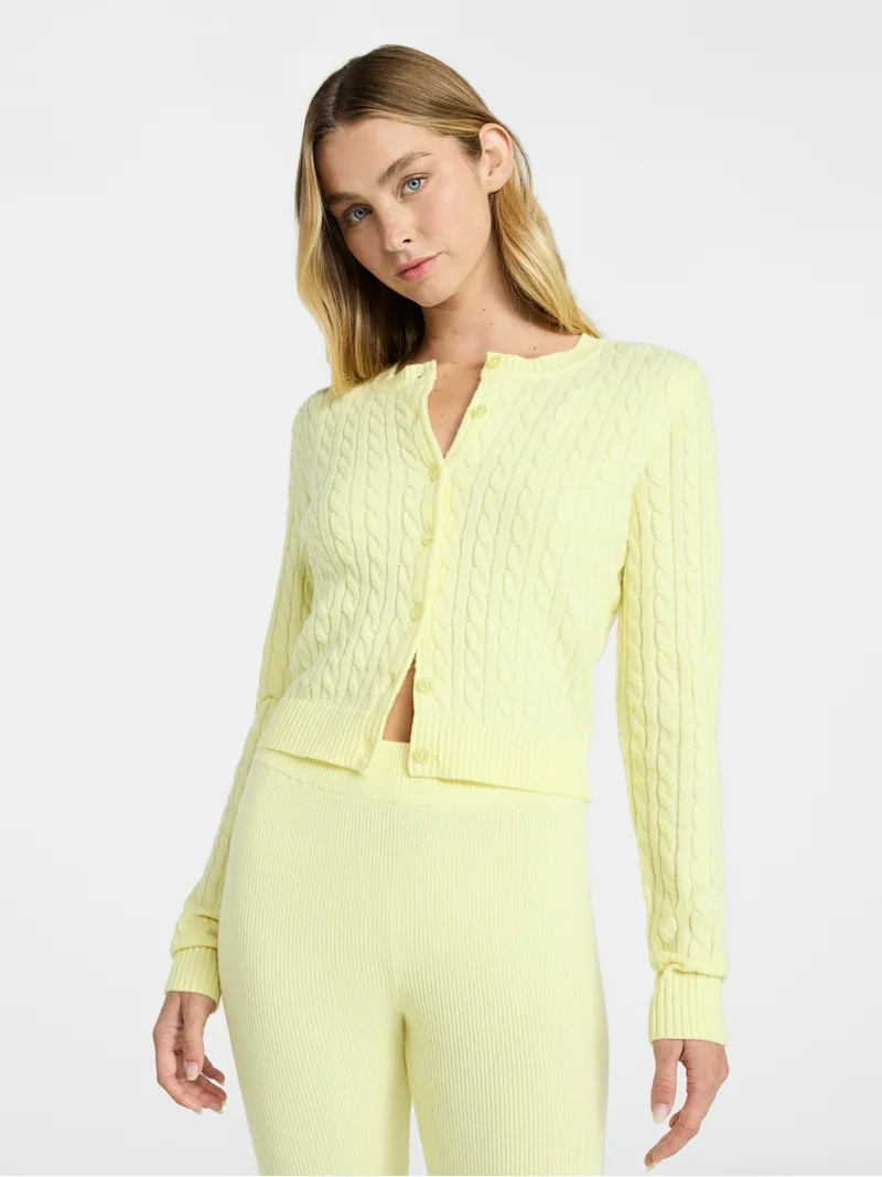 No Boundaries Cable Knit Button Front Cardigan, Women's XXS-XXL | Walmart (US)